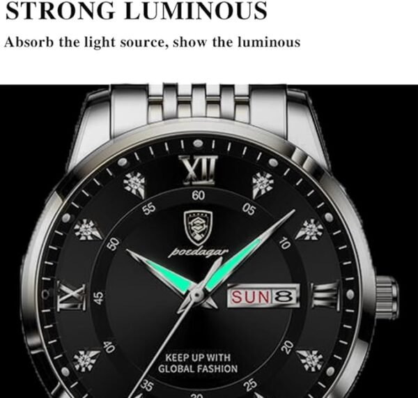 ROVI VOTA Men's Wrist Watches, Luminous Pointer, Analog Quartz Watch for Men, Stainless Steel, Waterproof, Suitable for Luxury Formal Business, Large Face, Roman Numerals, Diamond Dial
